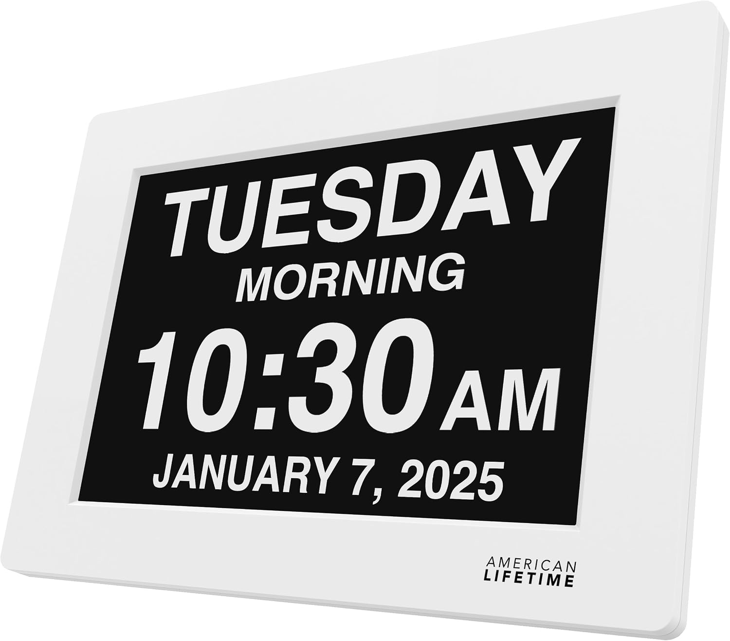 Large day-and-date clock caregivers place in the living room to reduce morning confusion for a parent with dementia