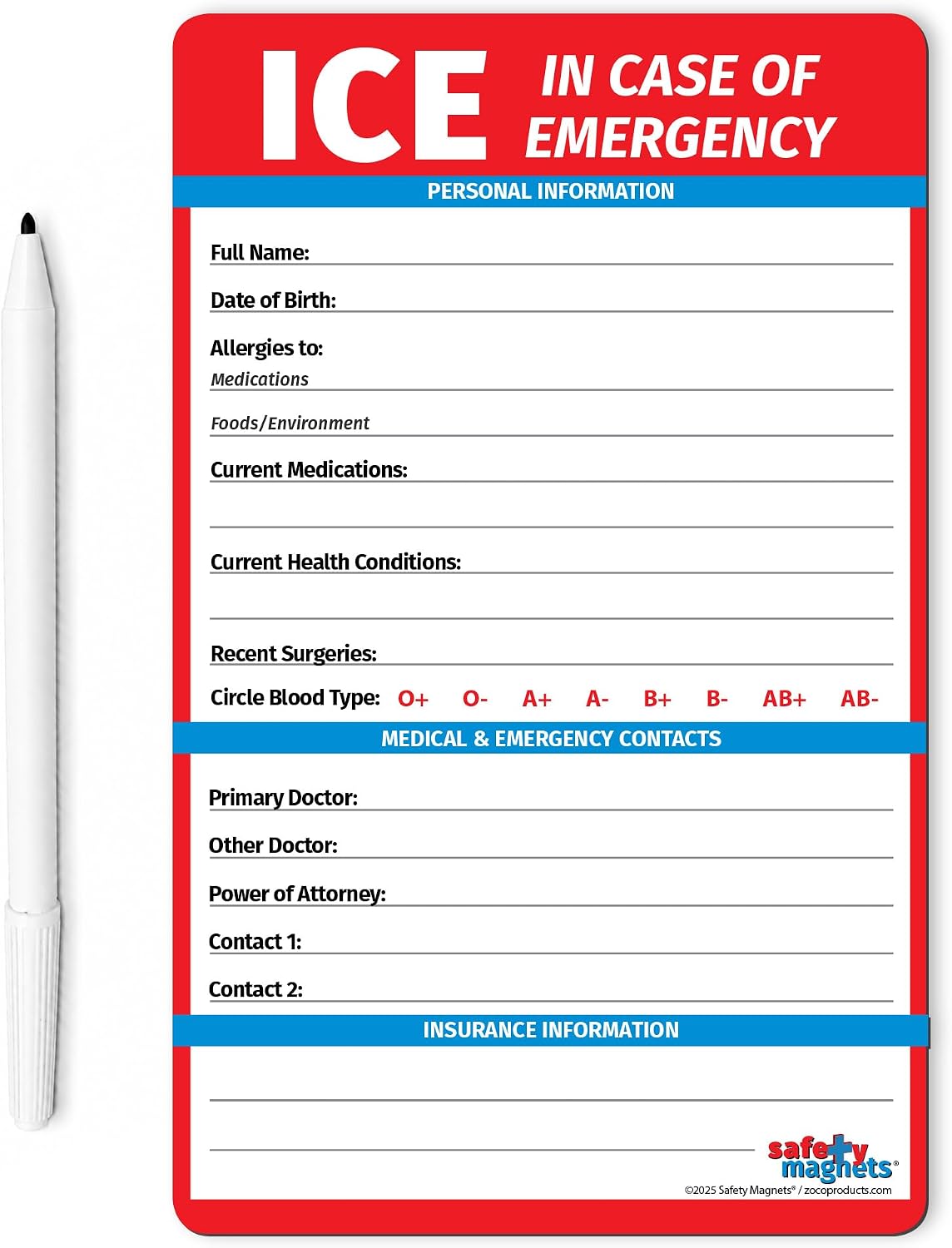 ZOCO ICE contact magnets caregivers put on the fridge so first responders can see emergency contacts