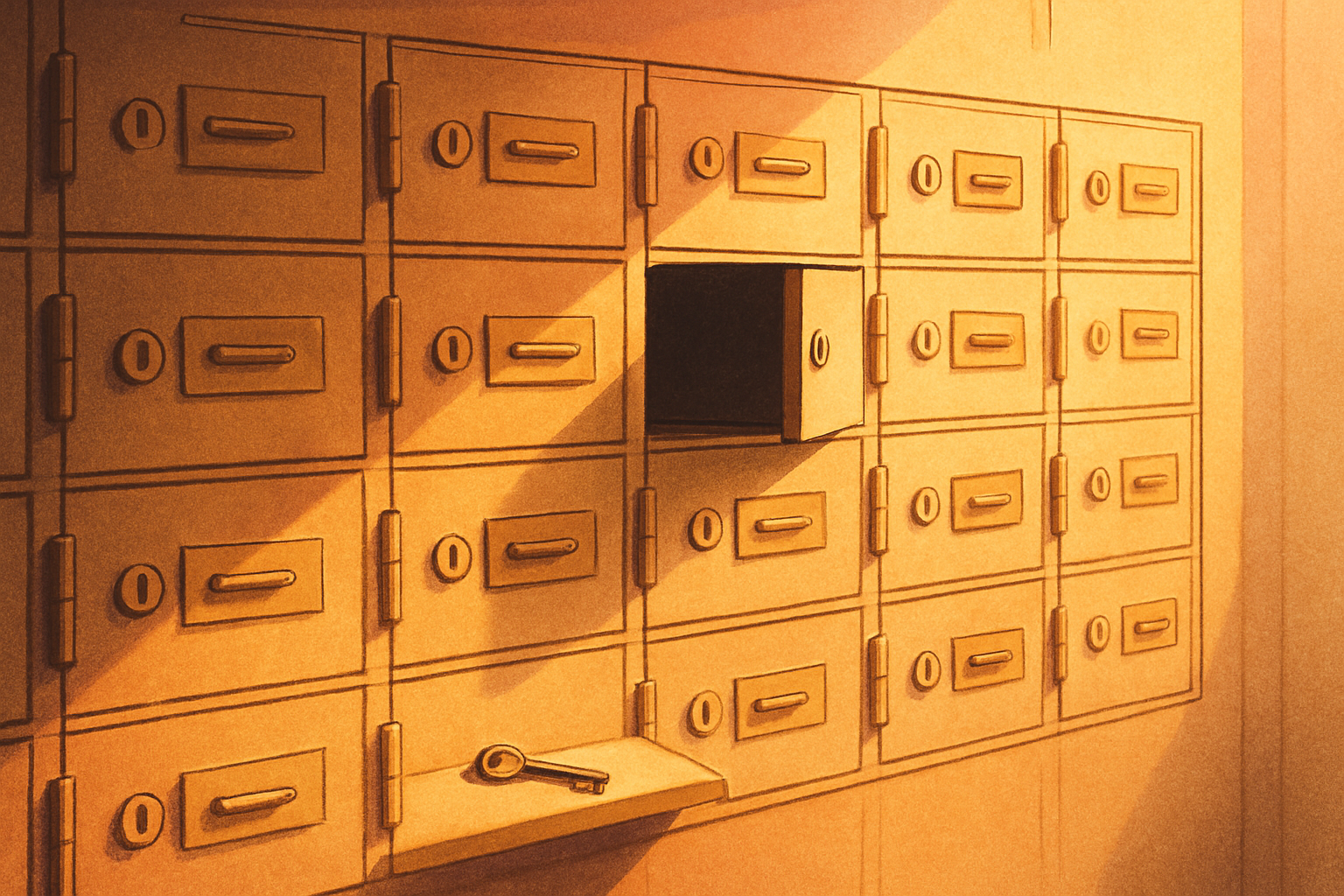 A wall of small metal safe deposit box doors in a bank vault, warm late-afternoon light falling across them, one box standing open and empty, and a single key left on the ledge below.