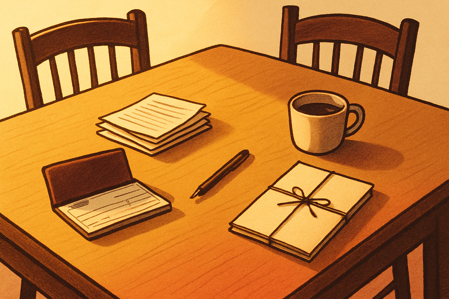 A kitchen table in warm morning light: an open checkbook and bank statements on one side, a folded legal document on the other, and a pen resting in the gap between them.