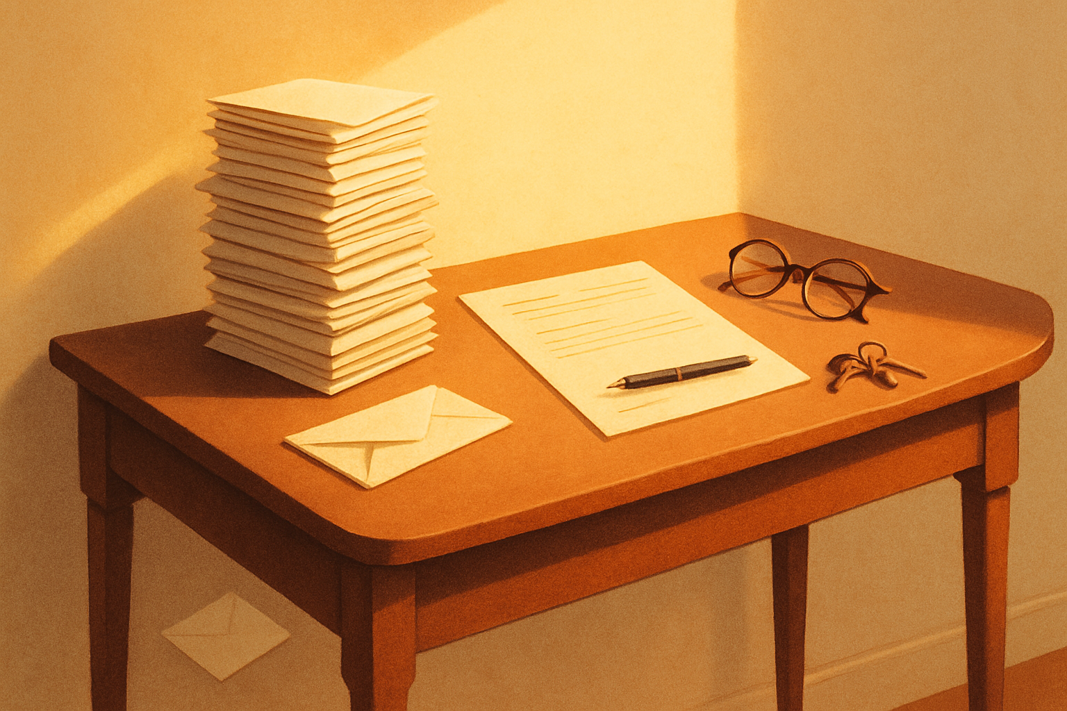 An entryway table in warm morning light: a tall stack of unopened bills, one envelope fallen to the floor, and a document with a pen resting on it, unsigned.