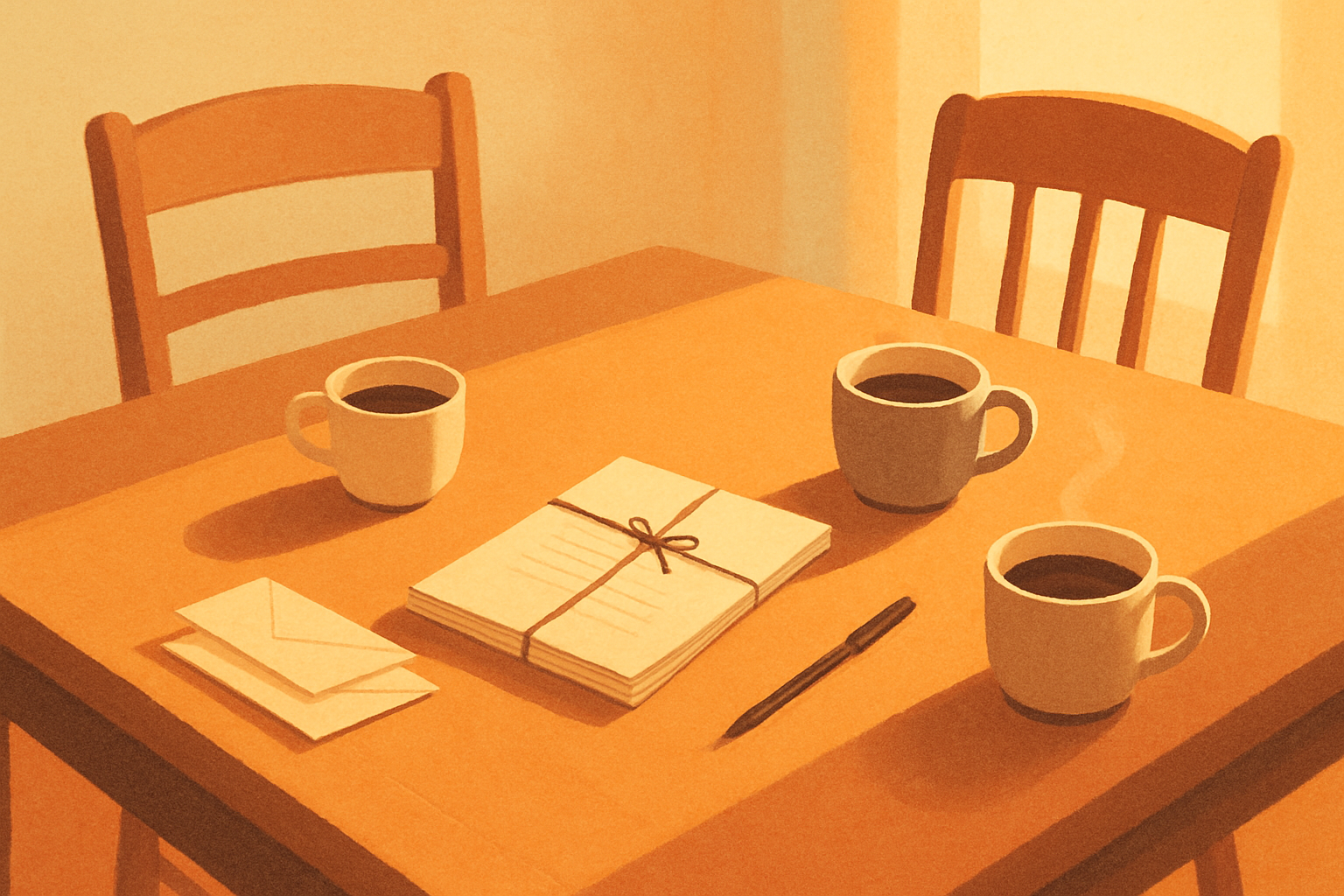 A dining table in late-afternoon light: a stack of papers tied with a ribbon, two envelopes, a pen, three cups of coffee, and two empty chairs.