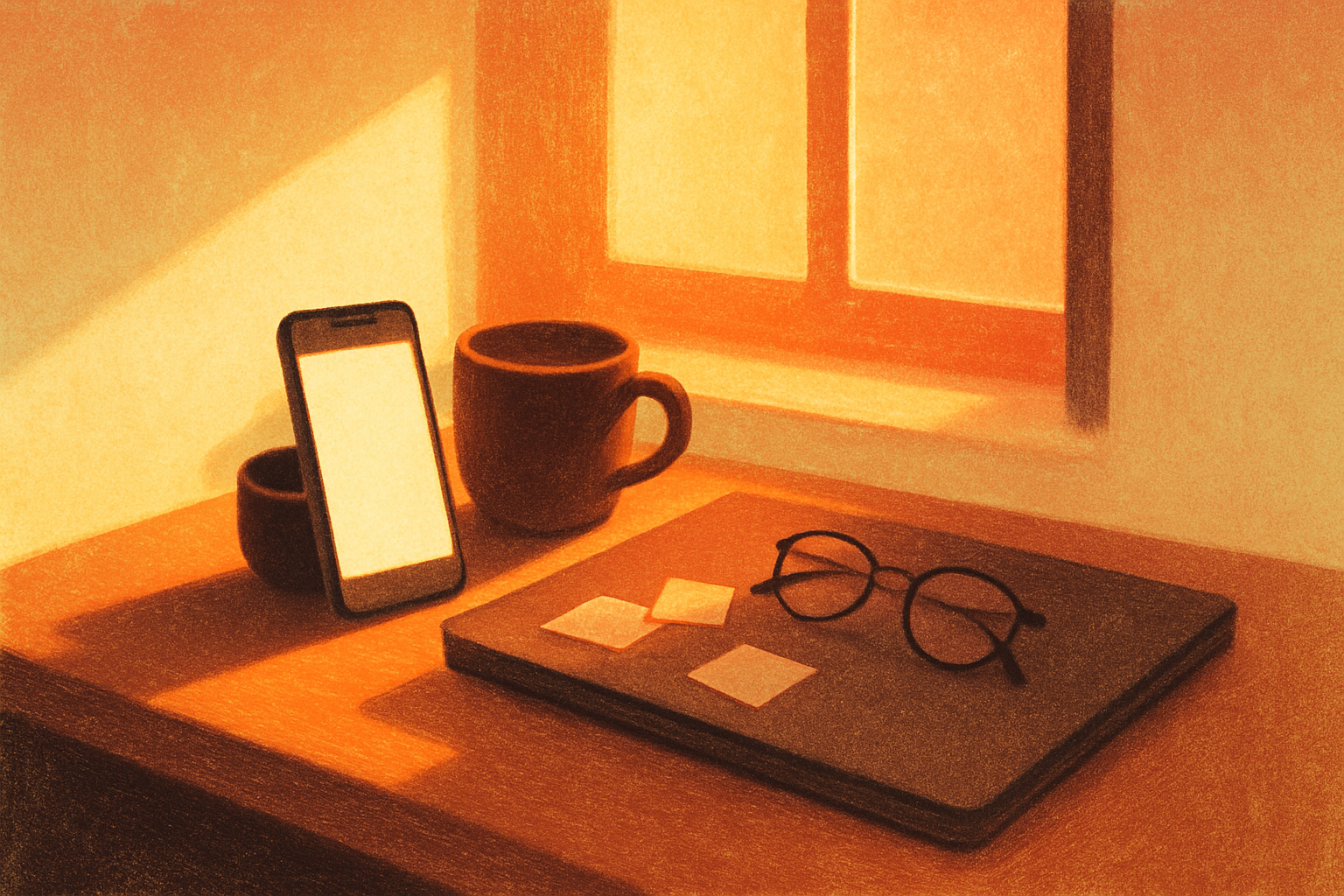 A desk in warm morning light: a phone propped against a coffee cup with a blank glowing screen, a closed laptop, a few sticky notes and a pair of reading glasses.