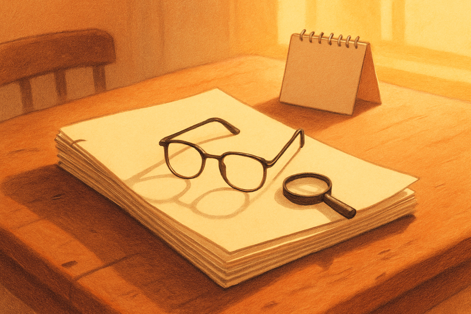 A thick stack of unmarked pages on a wooden kitchen table, reading glasses and a small magnifying glass resting on top. An empty desk calendar stands behind them, a chair pulled up. Warm late-morning light, and nobody in the room.