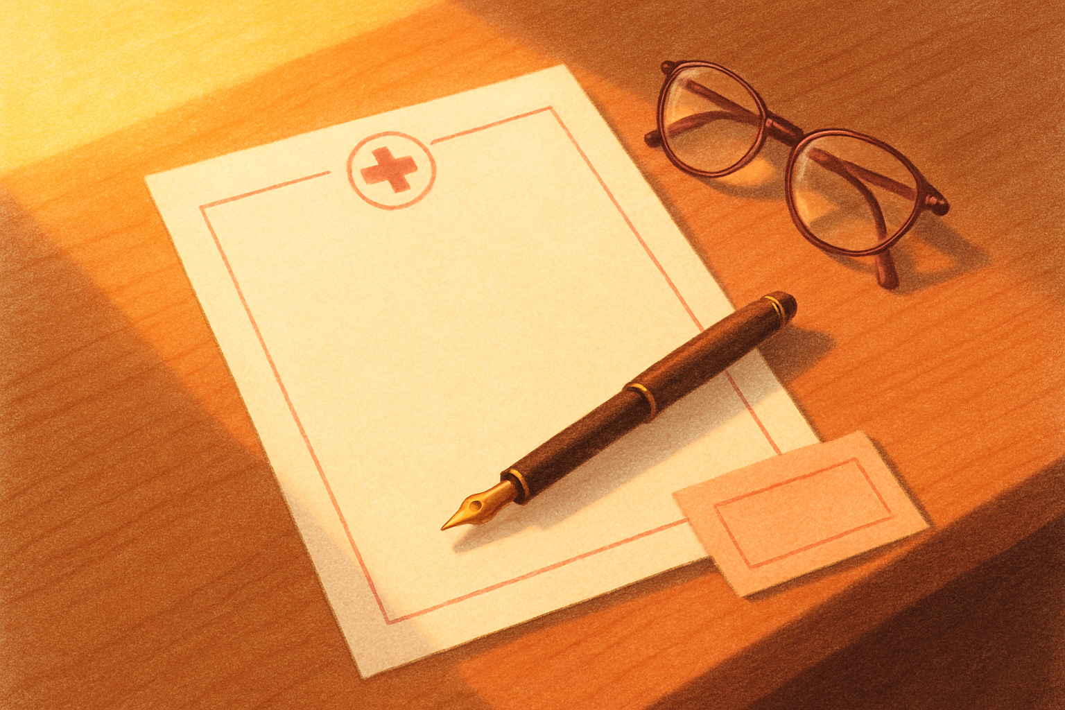 A blank sheet of medical letterhead on a wooden desk, an uncapped fountain pen lying across it, reading glasses folded beside it and an appointment card tucked under one corner. Late-morning light, nothing signed yet.