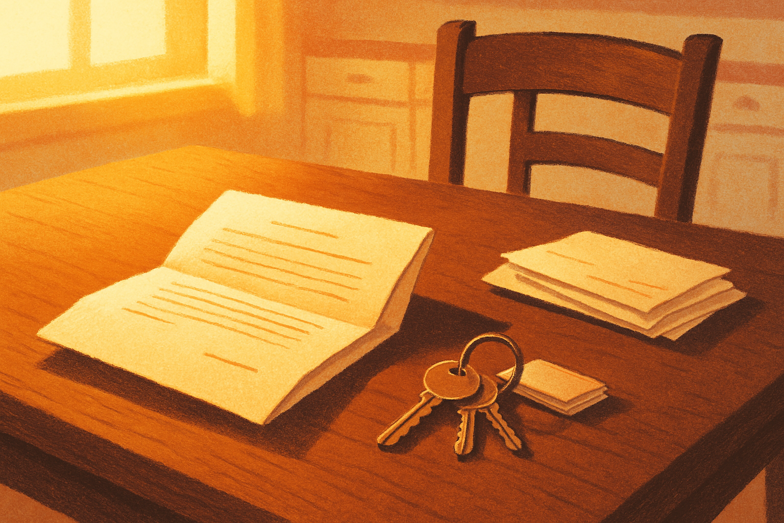 A folded legal document, a ring of house keys, and a stack of unopened mail on a kitchen table in warm morning light, one chair pulled back — the paperwork that keeps going after the authority behind it stops.