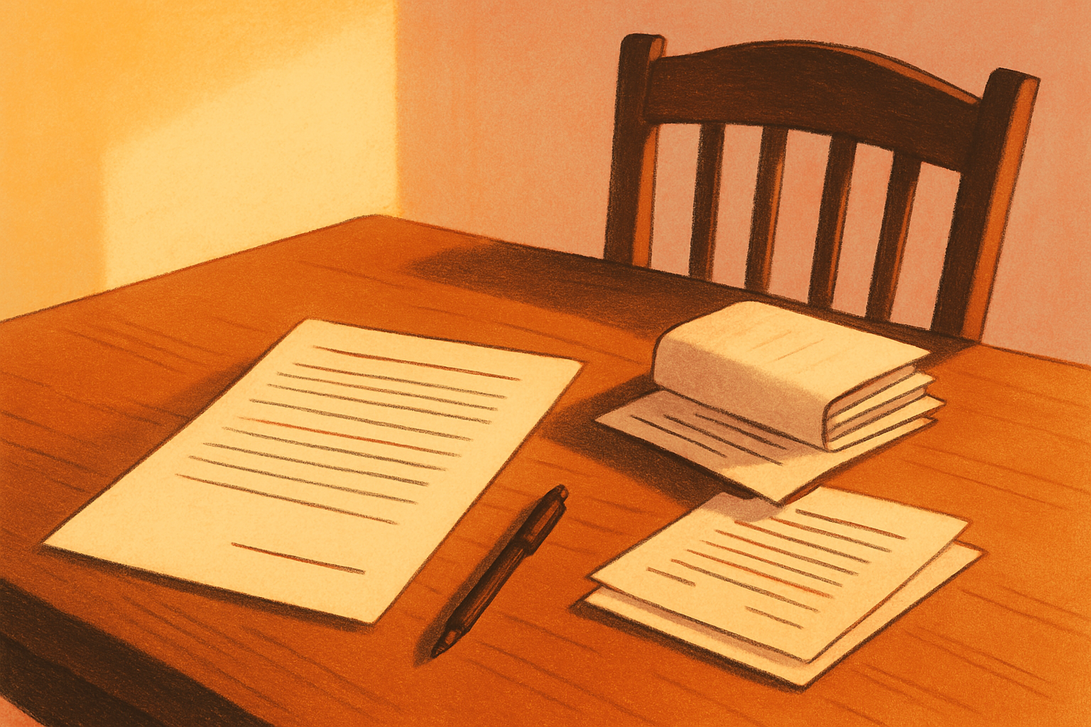 A kitchen table in warm morning light: a tax form lying open with a blank signature line, a pen resting beside it untouched, a folded legal document, and one empty chair pulled back.