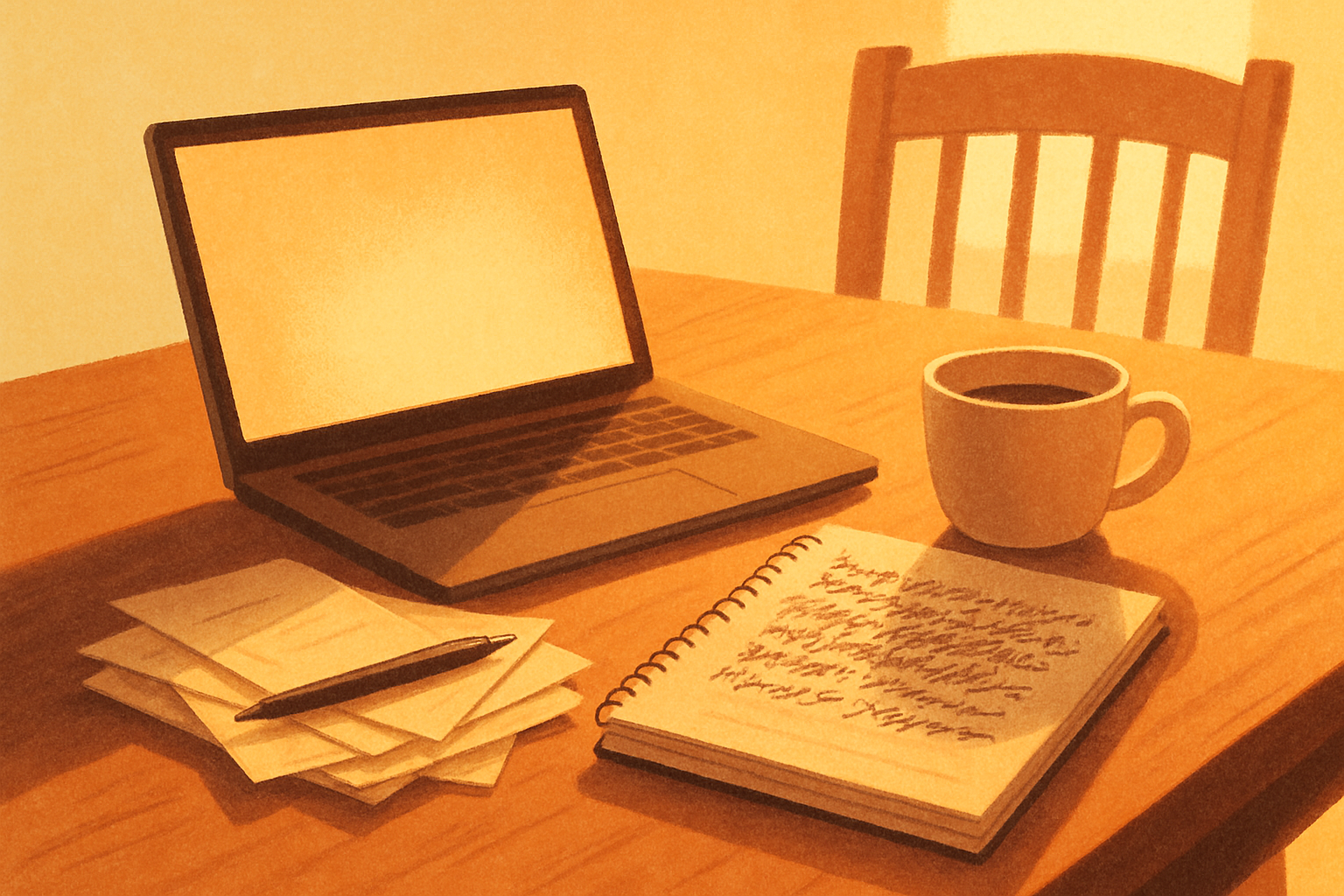 A kitchen table in warm morning light: an open laptop, a stack of opened statements and envelopes, and a spiral notebook filled with crossed-out handwritten passwords.
