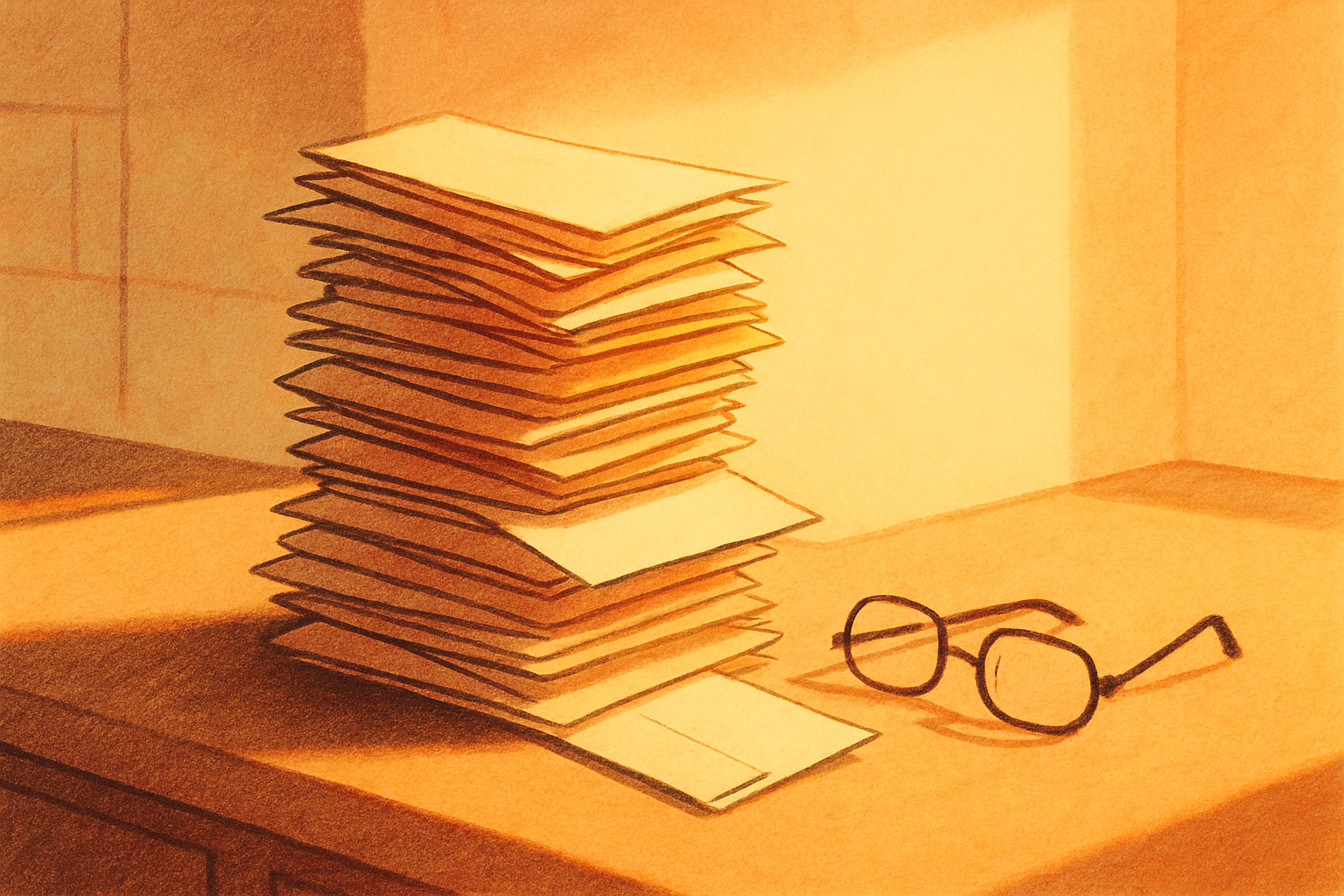 A tall stack of unopened mail on a kitchen counter in warm afternoon light, one envelope slipped loose at the bottom of the pile, a pair of reading glasses lying beside it.