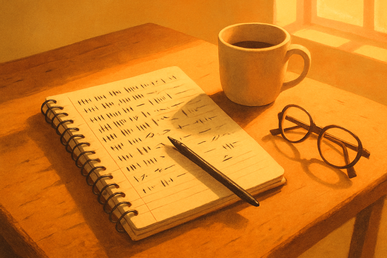 An open spiral notebook on a kitchen table, its pages covered in rows of handwritten tally marks, a pen lying across it beside a mug of coffee and a folded pair of reading glasses.