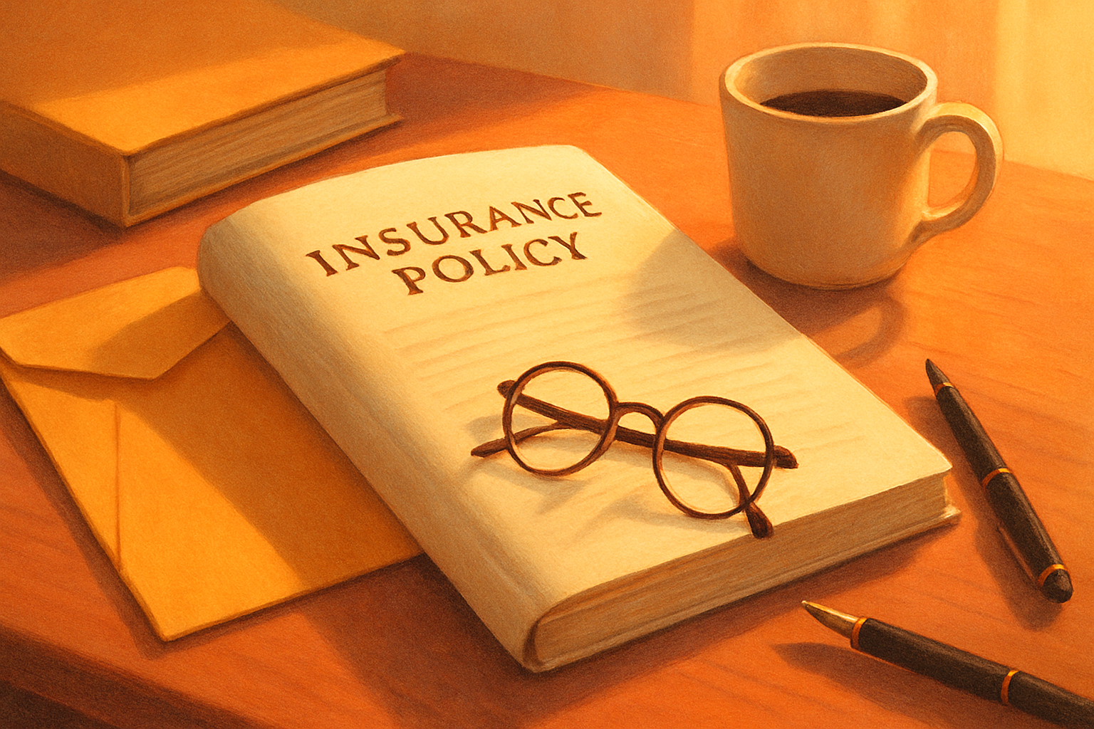 A closed insurance policy booklet on a kitchen table in warm morning light, reading glasses folded on top of it, an opened envelope and two pens beside it.