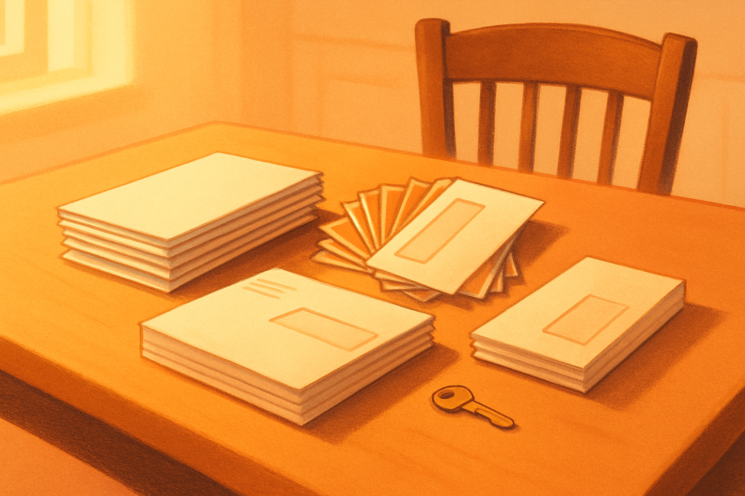 A kitchen table in warm morning light with the mail already sorted into stacks: statements in one pile, glossy offers fanned out beside them, plain official envelopes set a little apart. A small brass mailbox key sits between them, and the chair is pushed back.