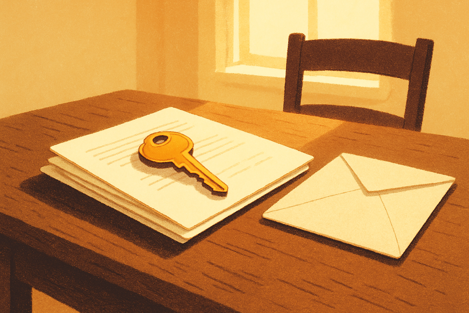 A house key sitting on a stack of paperwork at an empty kitchen table, one unopened envelope beside it in morning light.