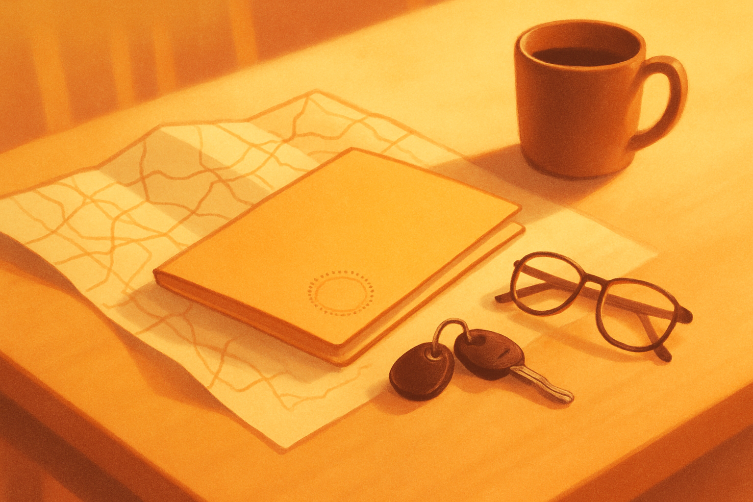 A kitchen table in morning light. A road map lies unfolded across it, with a manila folder of legal papers set on top and the edge of a notary seal just showing. Car keys and reading glasses sit beside them, a coffee mug at the table's edge.