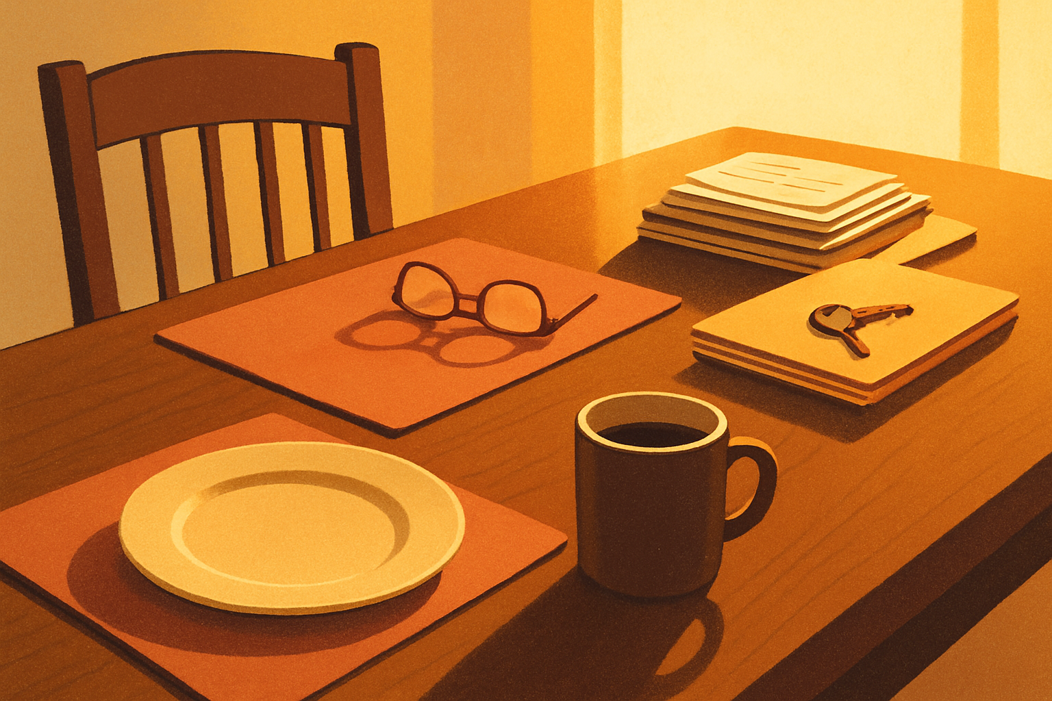 A kitchen table in late-day light with a plate and a coffee mug on one side, an empty chair and a pair of reading glasses left on the placemat across from it, and a stack of care paperwork at the end of the table with a house key resting on top.
