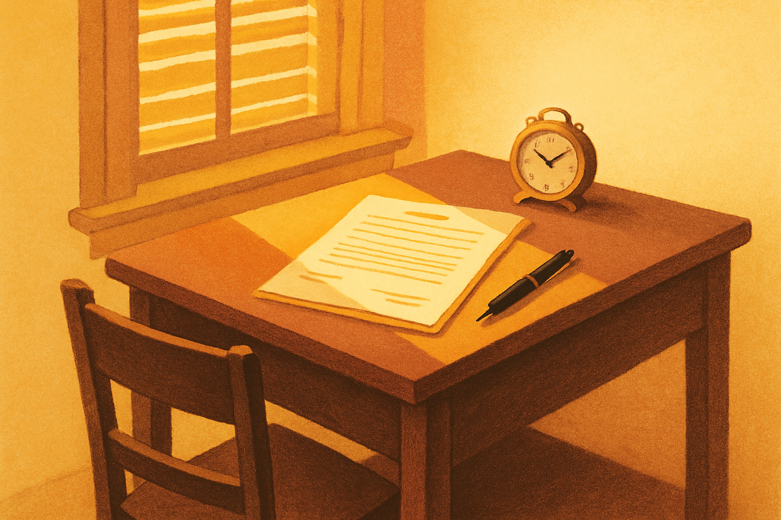 A writing desk beside a shuttered window in warm morning light, an unsigned legal document and a capped pen lying on it beside a small wind-up clock, with one empty chair pushed in.