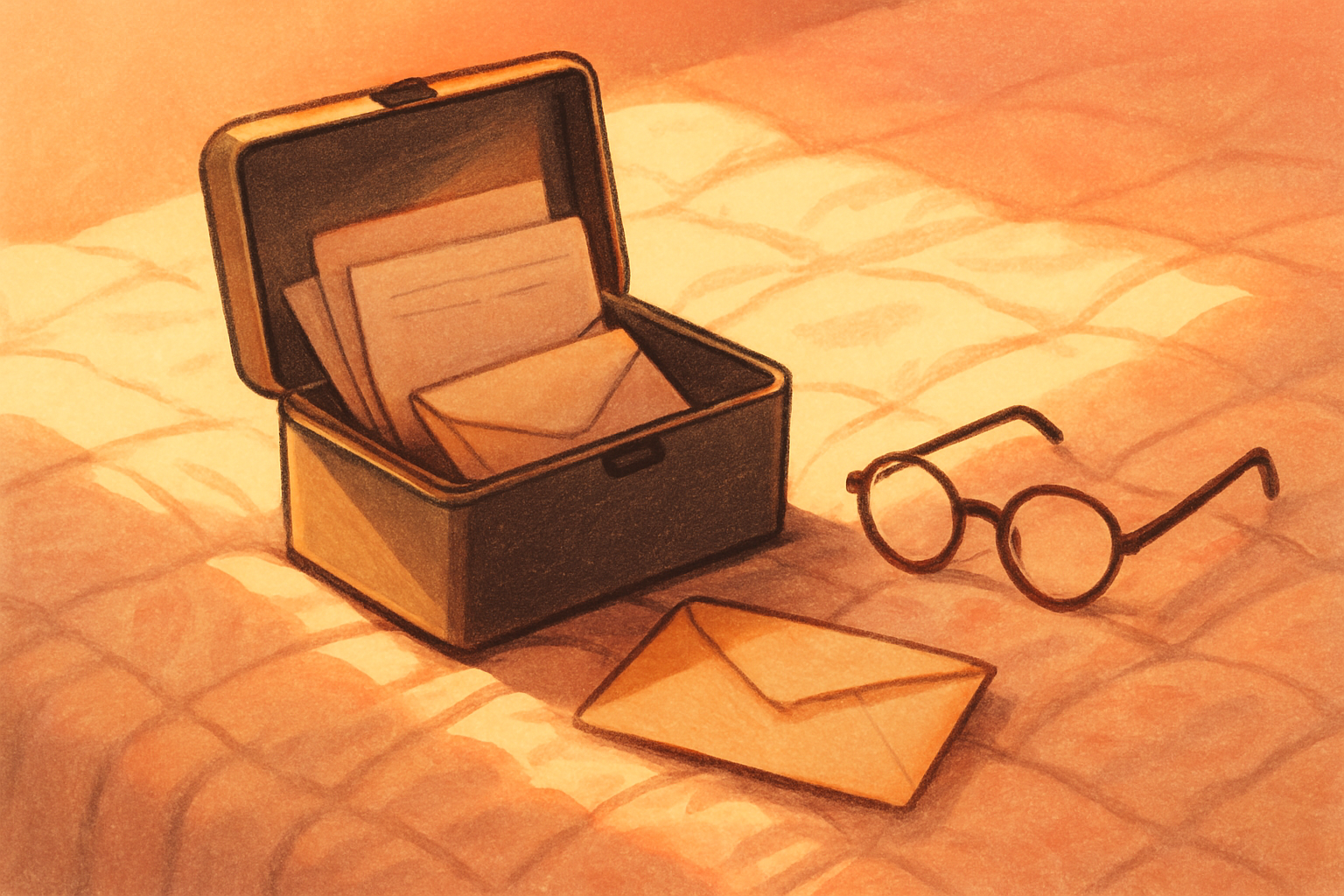 An open metal document box on a quilted bed in late-afternoon light, folded papers and envelopes inside it, one envelope lying unopened on the quilt, a pair of reading glasses set down beside them.