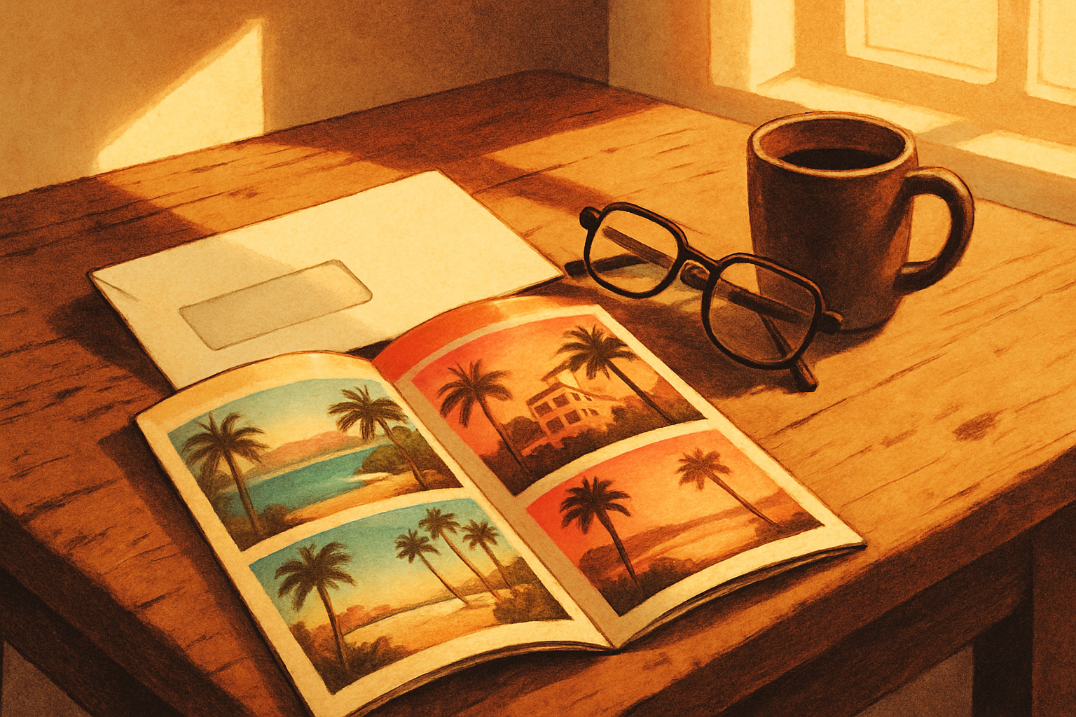 An open resort brochure of palm trees and beaches lying on a worn kitchen table, with a plain window envelope resting behind it, reading glasses and a coffee mug alongside. Warm late-morning light, nobody in the room.