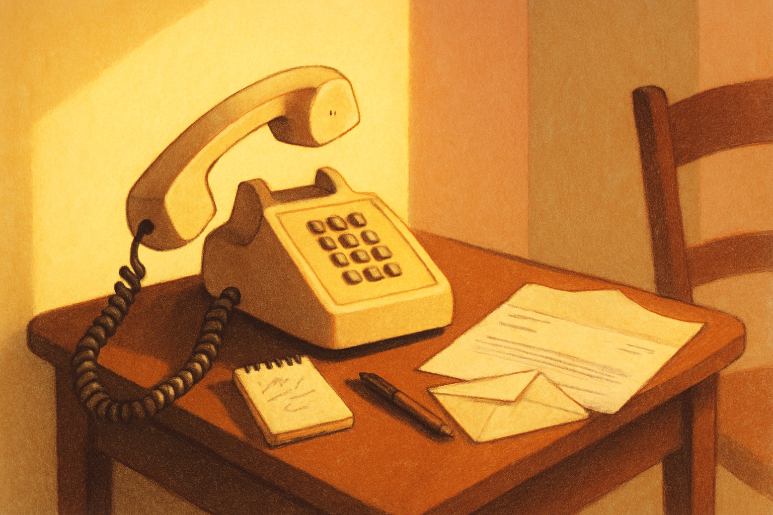 A corded landline telephone on a hallway side table in warm light, the handset lying off the cradle beside a notepad, a pen, and an opened bank statement.