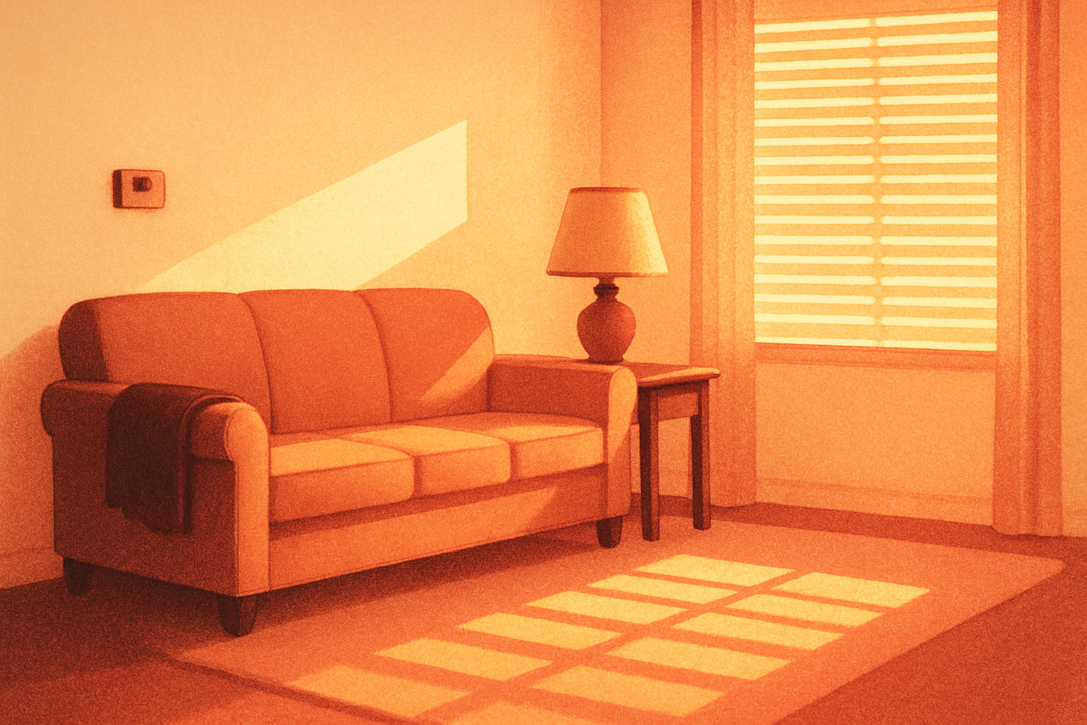 An illustration of a living room with nobody in it: a blanket left folded over the arm of the couch, a lamp switched off on the side table, a thermostat on the wall, and late-day light coming through the blinds in bands across the rug.