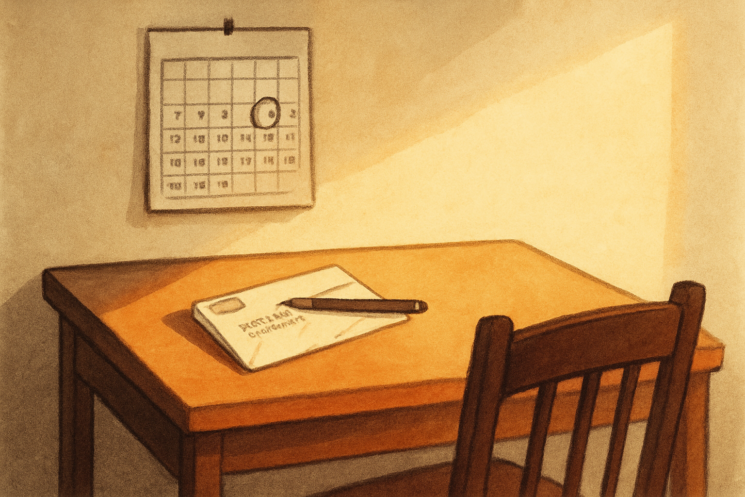 An illustration of a quiet wooden desk in warm afternoon light with an empty chair pulled up to it. A calendar hangs on the wall with one date circled, and on the desk an unopened statement envelope sits with a pen resting across it.