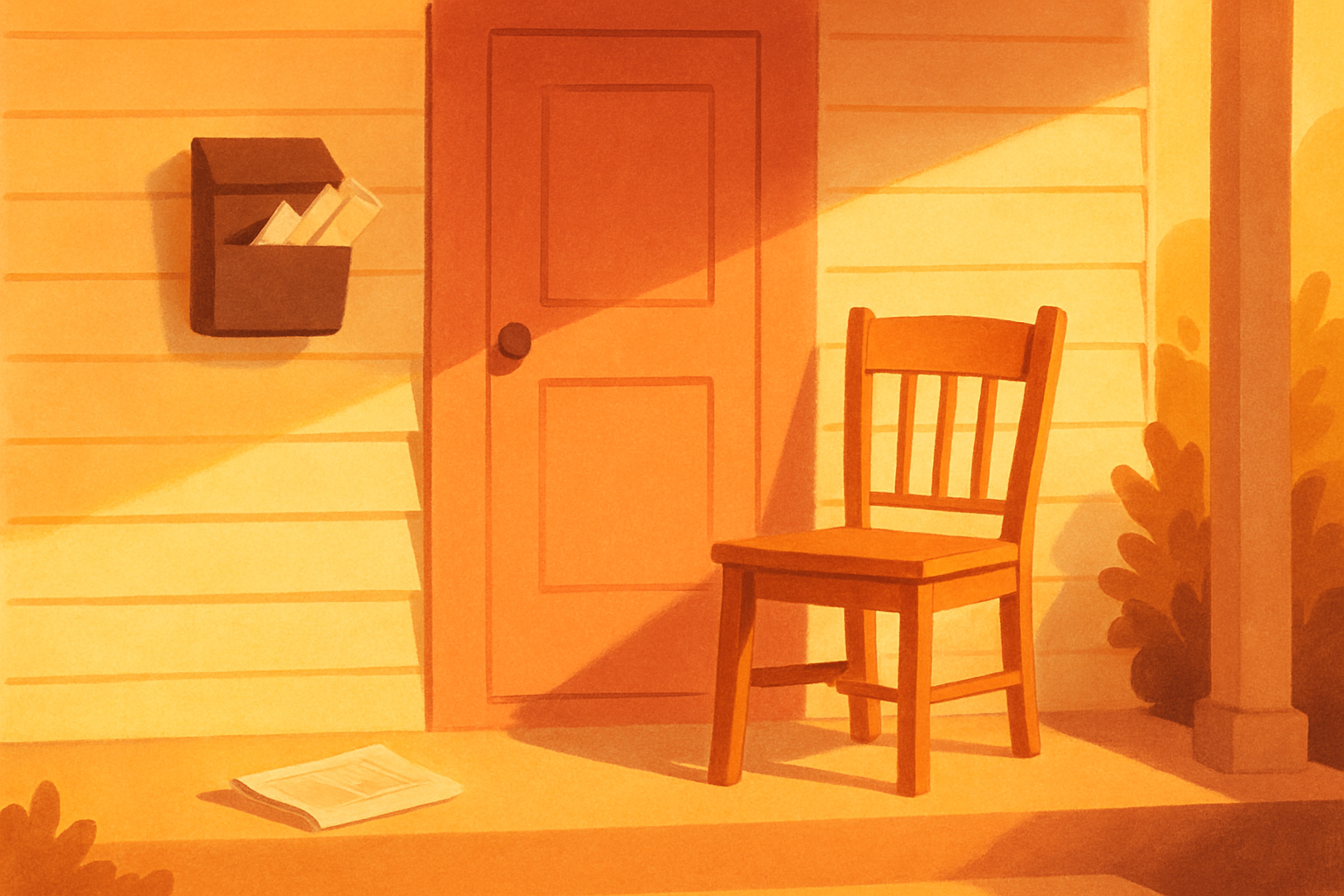 A front porch in late afternoon light: a wooden chair sitting empty beside the door, a mailbox stuffed with envelopes nobody has opened, and a newspaper still folded on the boards.