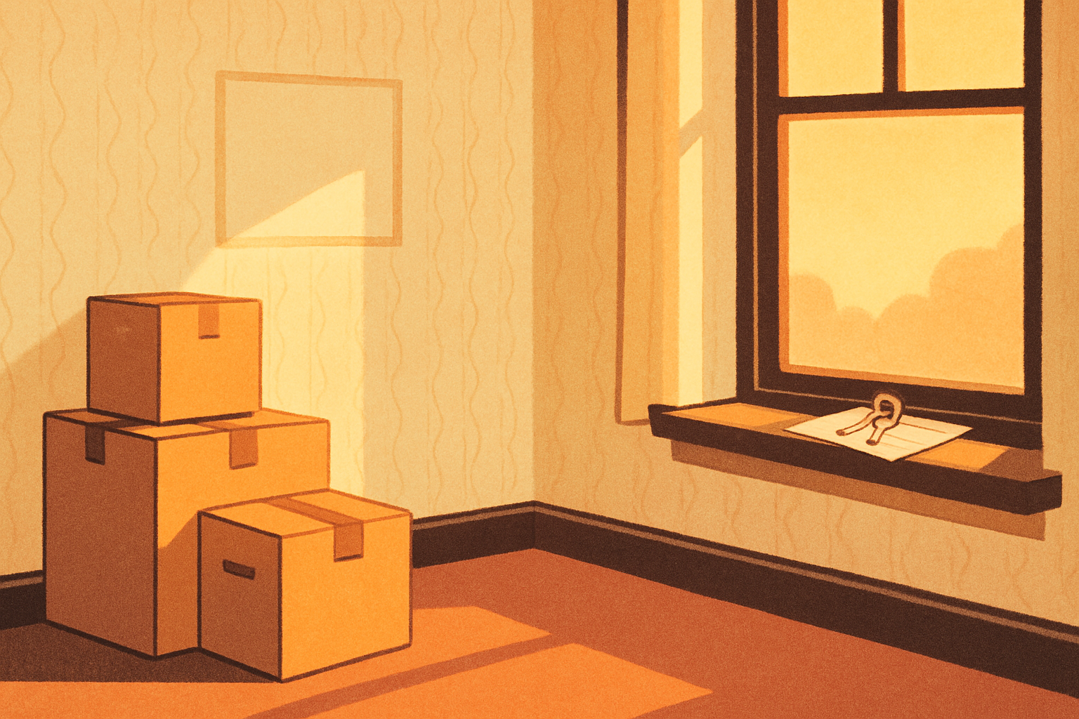 An emptied living room in late afternoon light: a few packed boxes against the wall, a pale rectangle where a picture hung for years, and a ring of house keys resting on a folded legal document on the window sill.