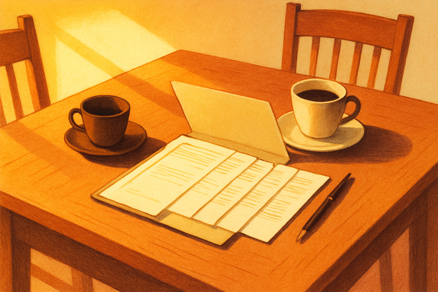 Bank statements and receipts fanned out of an open folder on a kitchen table in warm morning light, a pen resting on top, two coffee cups across from each other and one still untouched — an accounting laid out for a sibling who hasn't sat down yet.