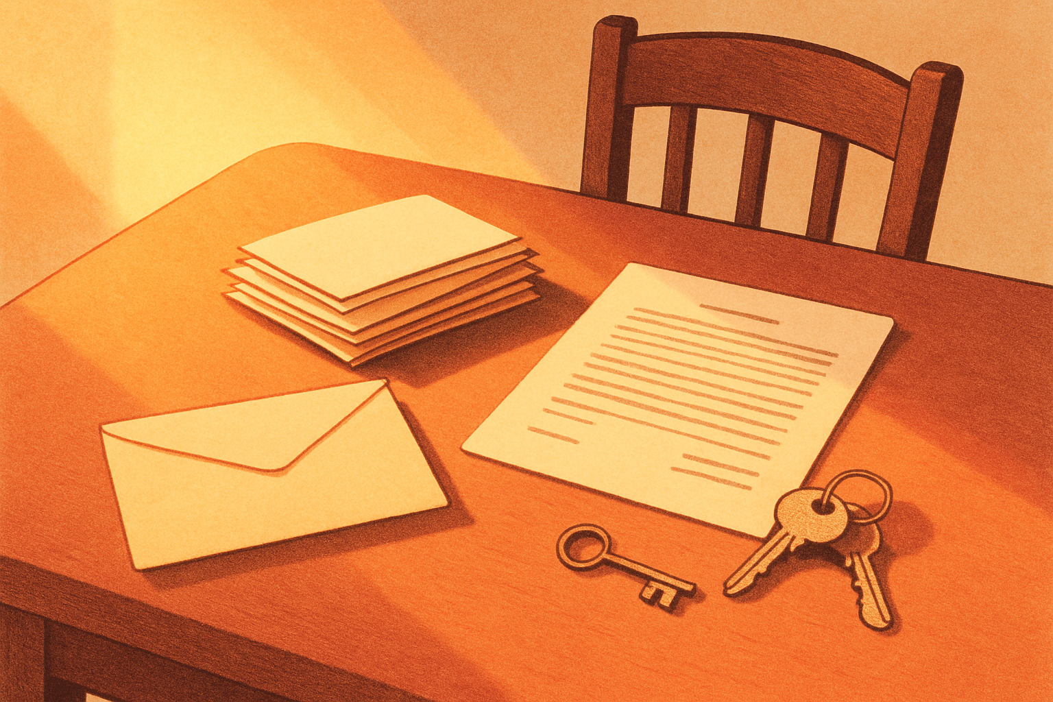 A folded legal document, a stack of household mail, one envelope set apart, and a ring of keys with a single key separated from the rest, on a kitchen table in warm morning light — the one door a power of attorney doesn't open.