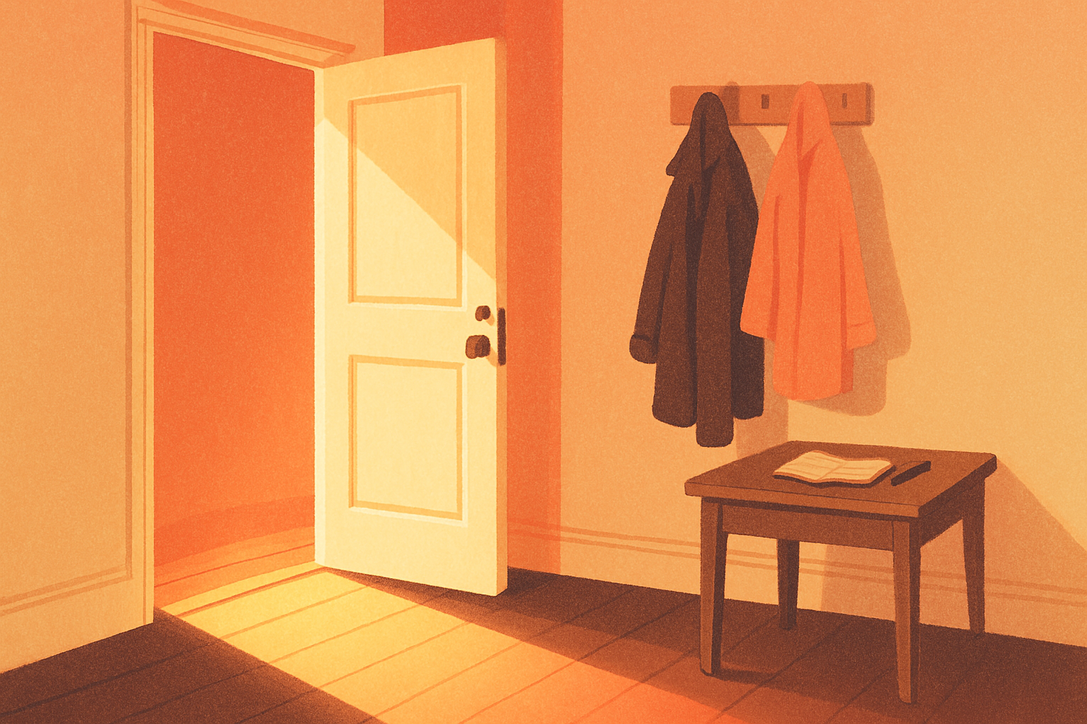 An entry hallway in warm late-afternoon light, the front door standing part-way open with a band of light across the floorboards, two coats hanging on the hook beside it, and an open checkbook and pen left on the side table.