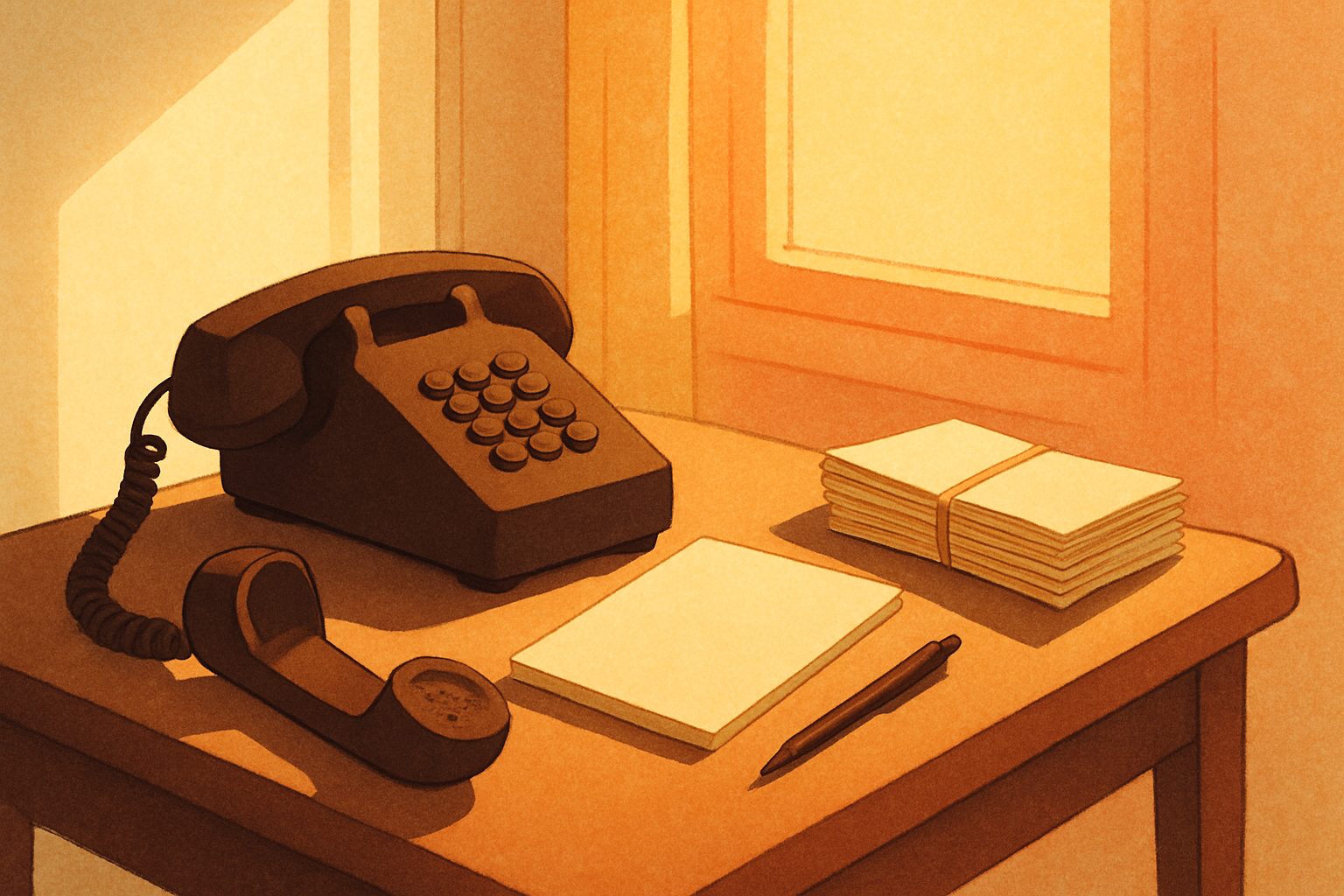 A corded telephone on a wooden side table, handset lying off the cradle. Beside it a blank notepad and pen, and at the edge of the table a rubber-banded stack of unopened envelopes. Warm afternoon light, nobody in the room.