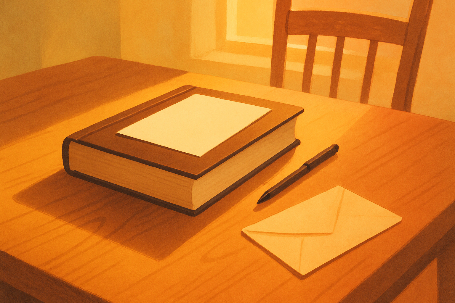A thick bound legal document closed on a kitchen table in warm morning light, one blank sheet resting on its cover, a capped pen and an unopened envelope beside it.