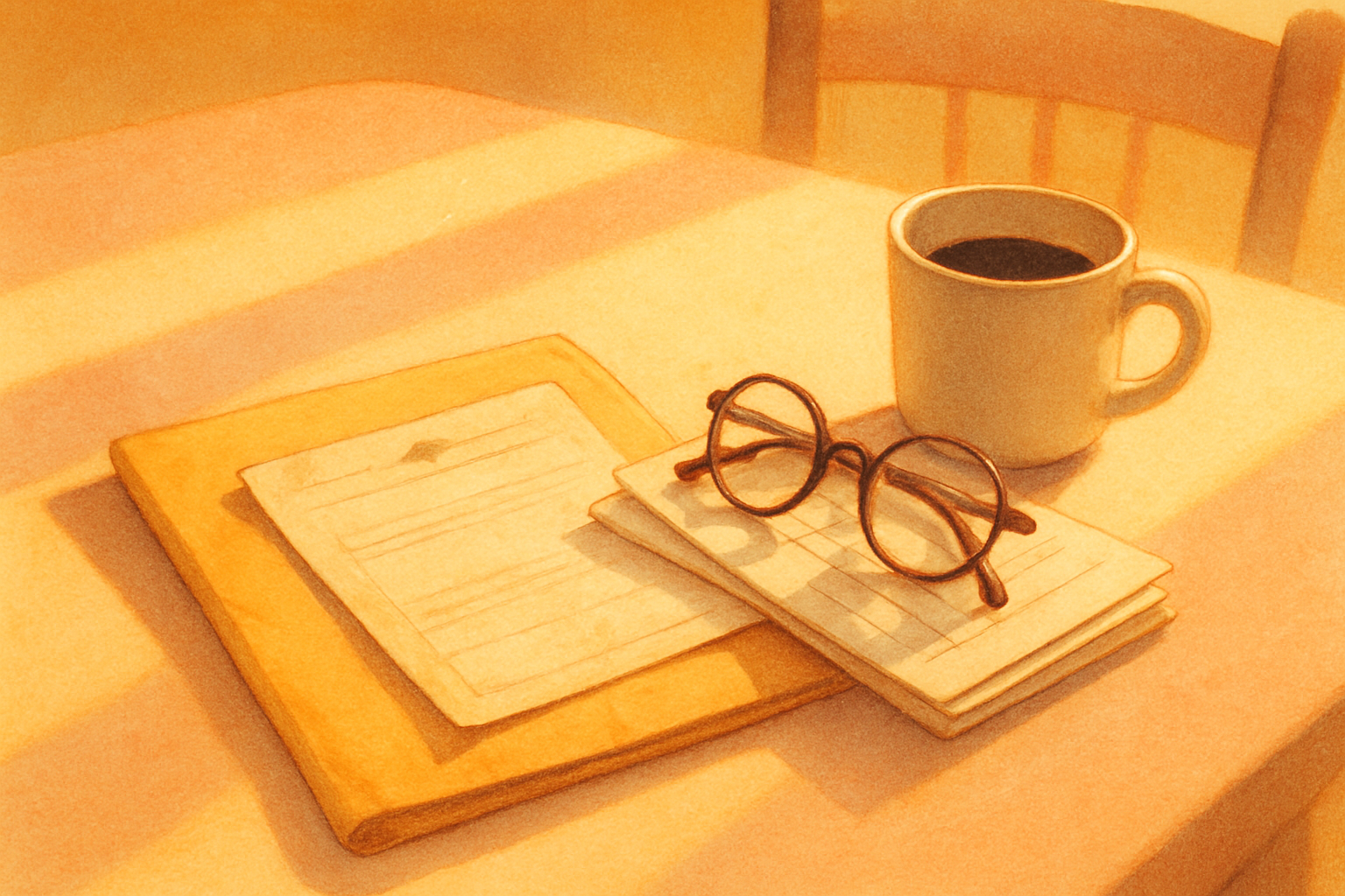 A kitchen table in morning light with an old envelope of discharge paperwork, a pair of reading glasses set down on a stack of care invoices, and a cup of coffee going cold beside them.