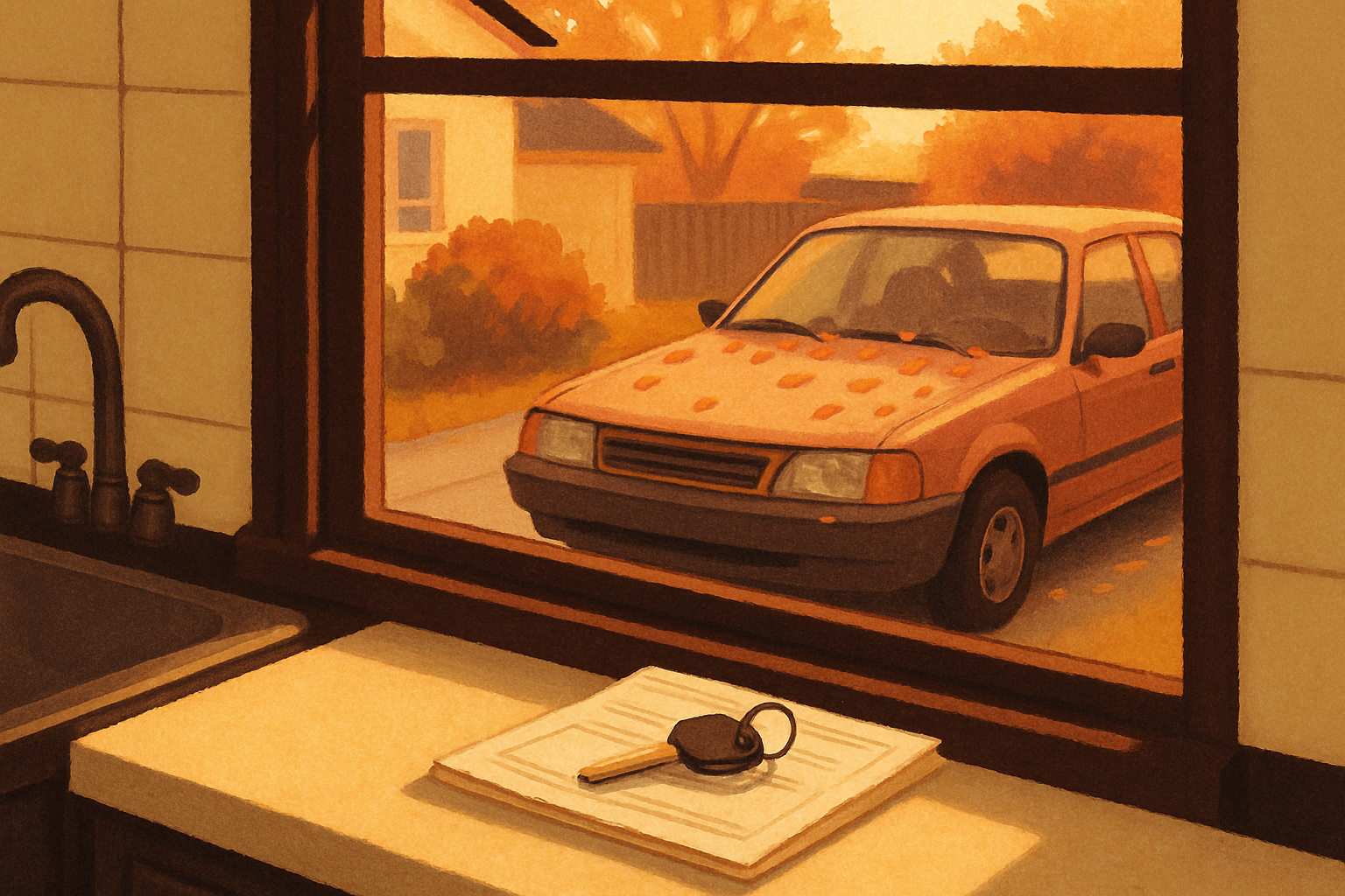 An illustration looking out a kitchen window at an older sedan parked in the driveway, leaves scattered across its hood. Inside, on the counter, a single car key rests on a folded document.